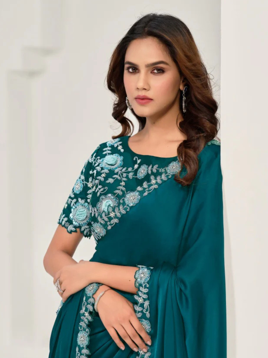 Elegant Teal Crepe Satin Silk Saree with Sequins and Applique Work