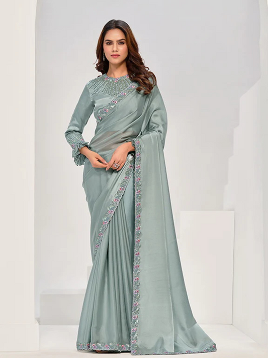 Sea Green Satin Silk Saree Featuring Exquisite Handcrafted Design