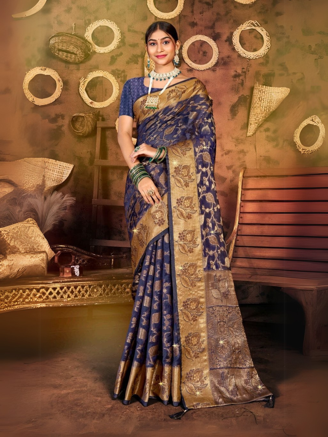 Elegant Organja Swarovski Saree with Samosa Lace Finish