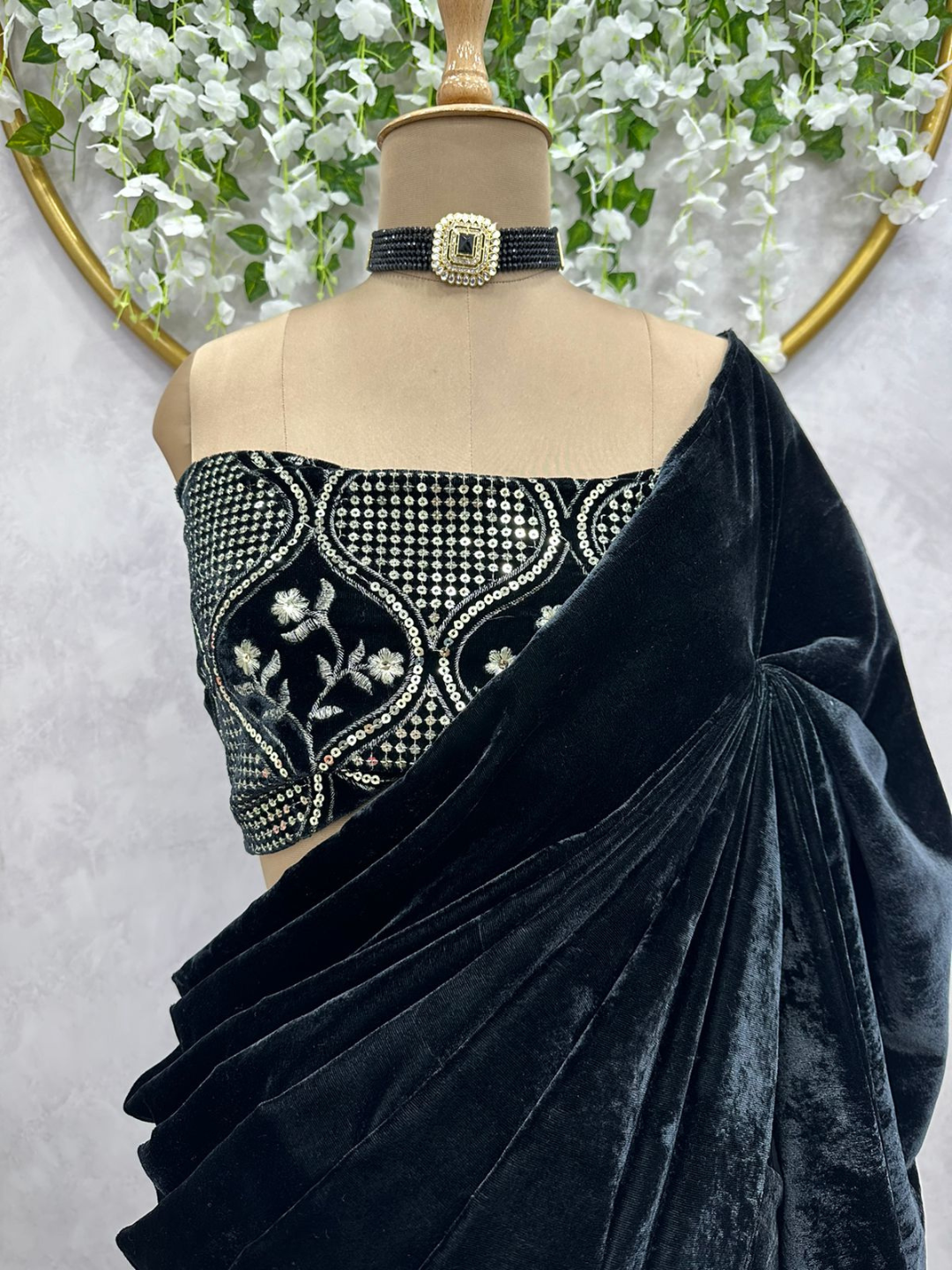 Black Velvet  Party Wear Saree with Unstitched Blouse