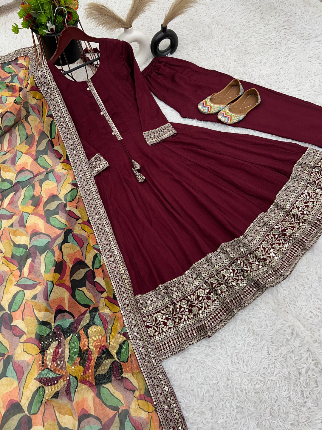 Maroon Embroidered Anarkali  kurta Set