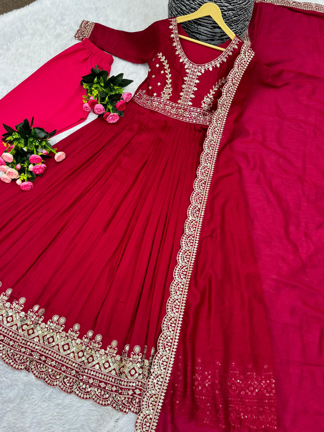 Cherry Red Anarkali Gown With Dupatta and trousers