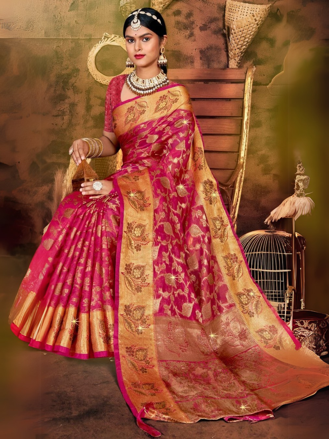 Elegant Organja Swarovski Saree with Samosa Lace Finish