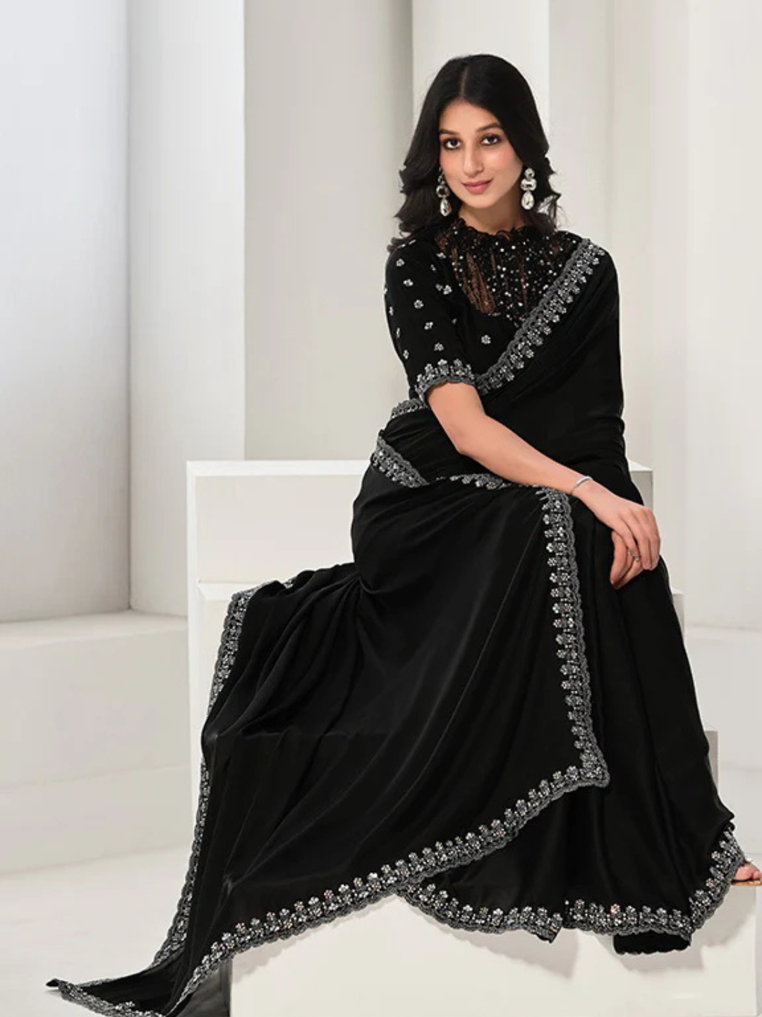 Black Crepe Satin Silk Sarees with Handwork and Sequence Blouses