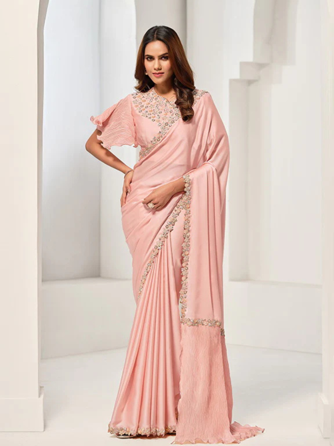 Crepe Satin Silk Saree in Peach with Dazzling Handcrafted Embellishments