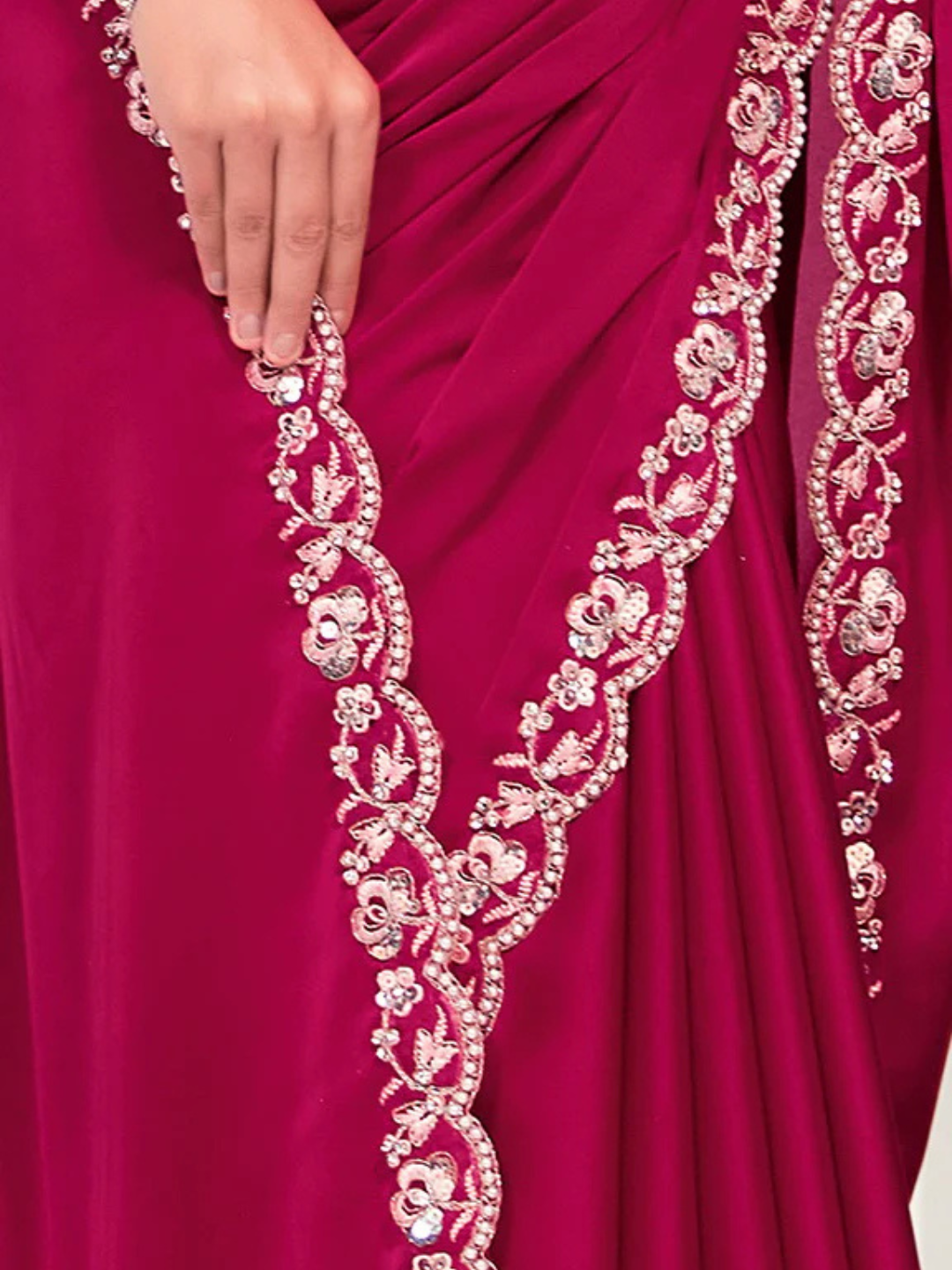 fuchsia Crepe Satin Silk Saree with Sequin Detailing