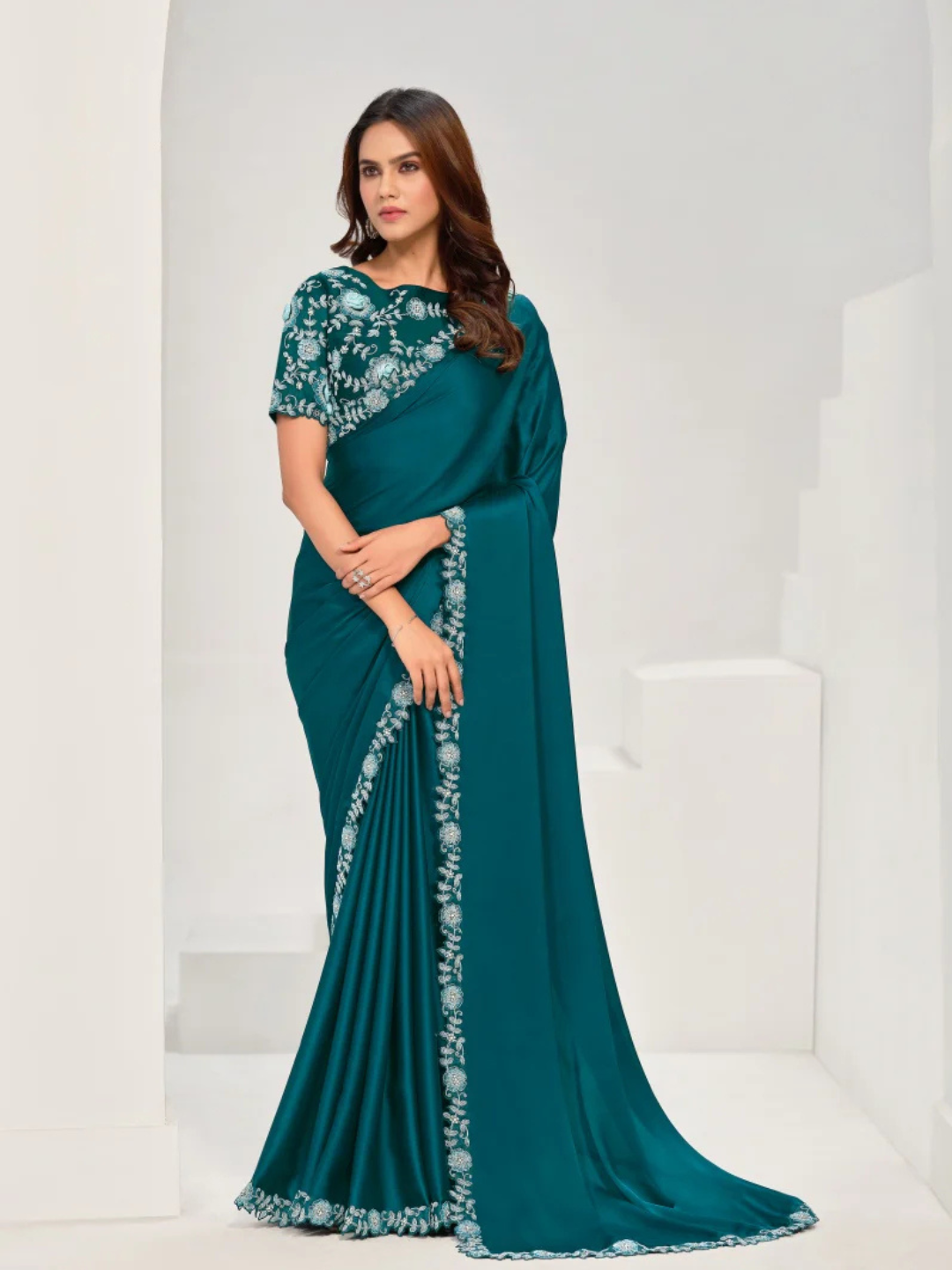 Elegant Teal Crepe Satin Silk Saree with Sequins and Applique Work