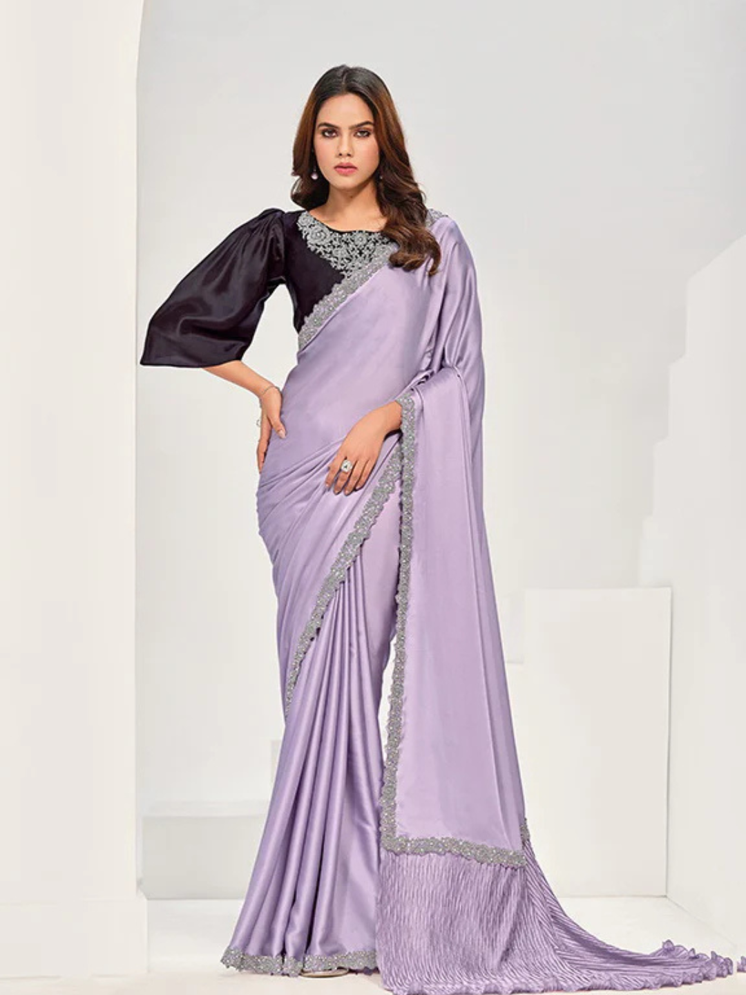 Opulent Lavender Jardosi Embroidered Satin Silk Saree