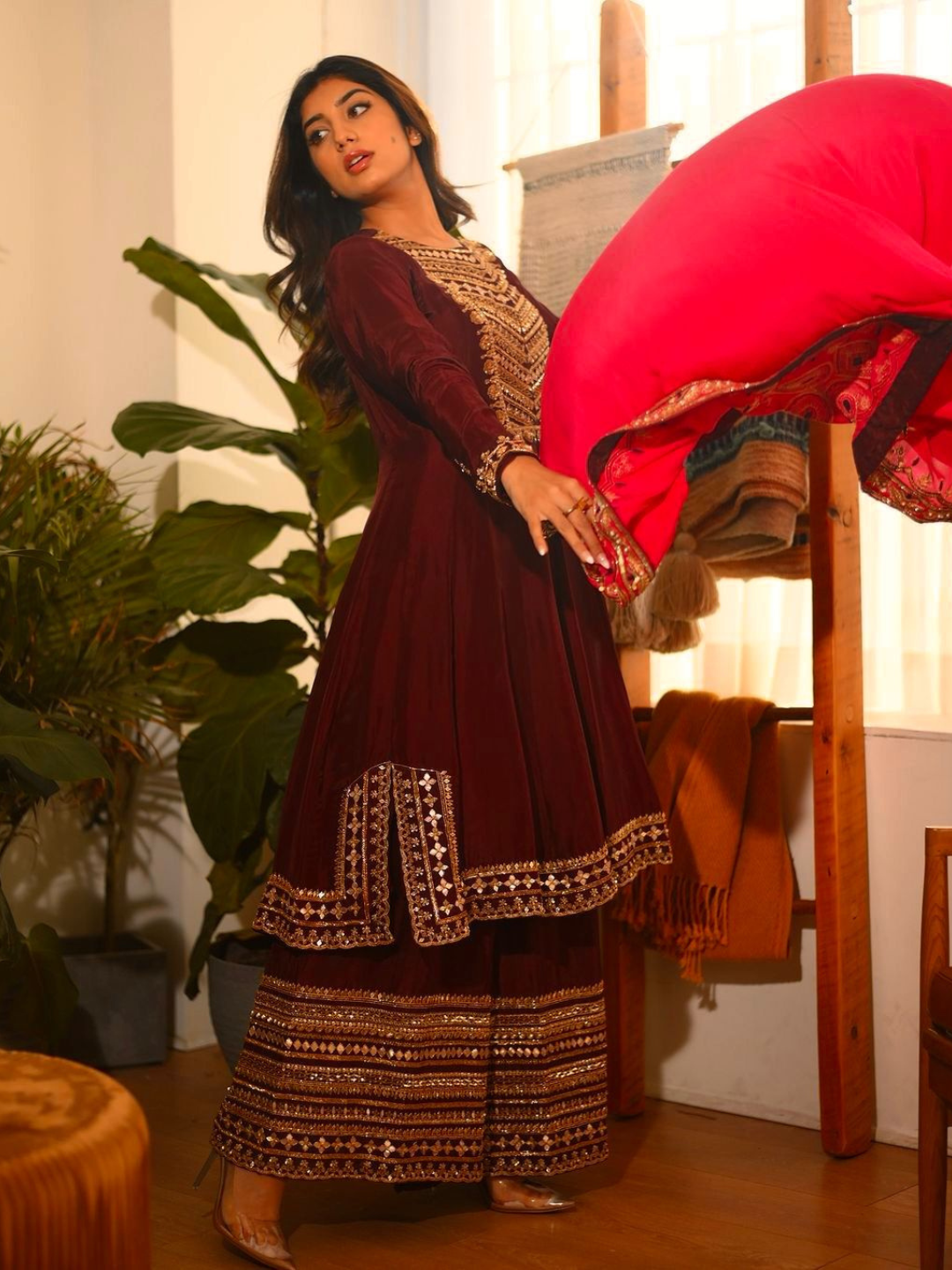 Maroon Embroidered Kurta Set