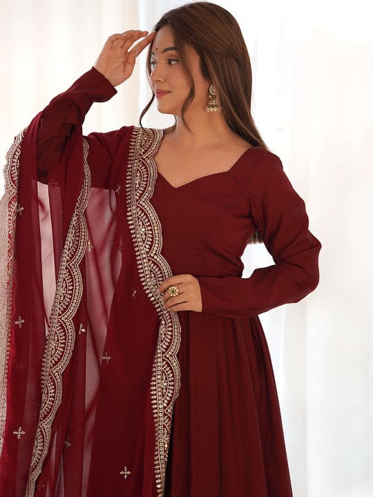 Elegant Maroon Fit and Flare Maxi Dress with Embroidered Silk Dupatta