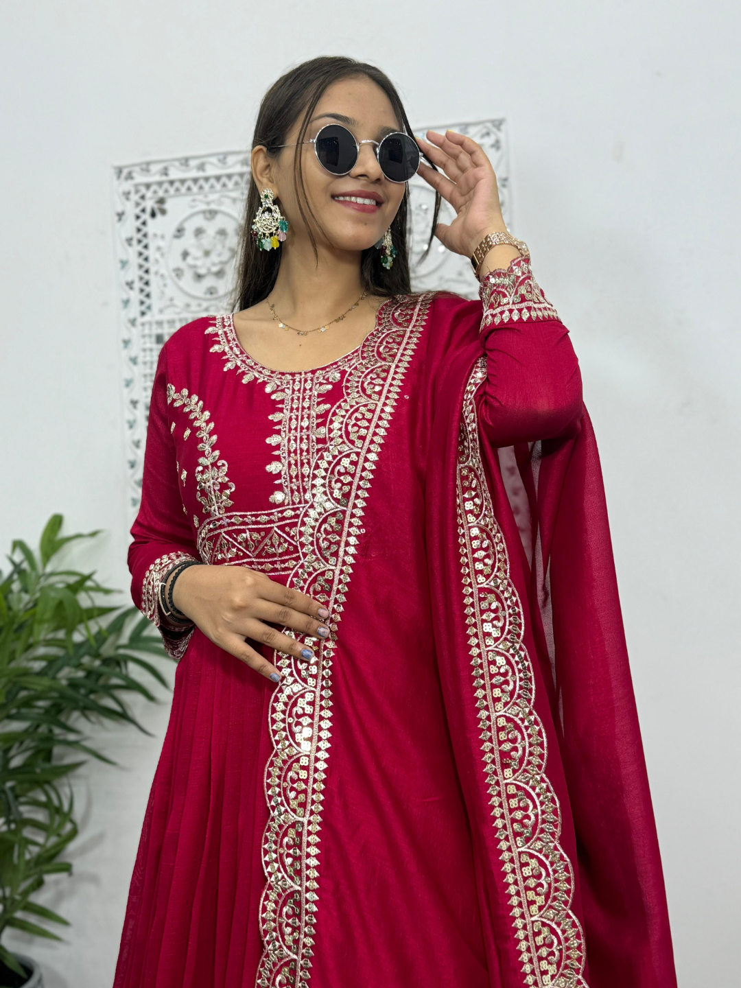 Cherry Red Anarkali Gown With Dupatta and trousers