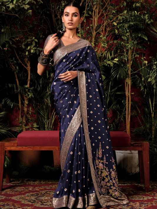 Navy Blue Zari Woven Fancy Dola Silk Designer Saree