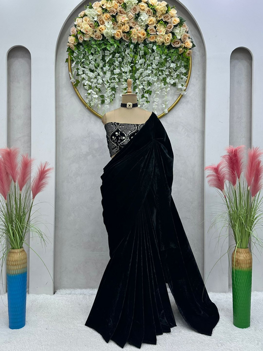 Black Velvet  Party Wear Saree with Unstitched Blouse