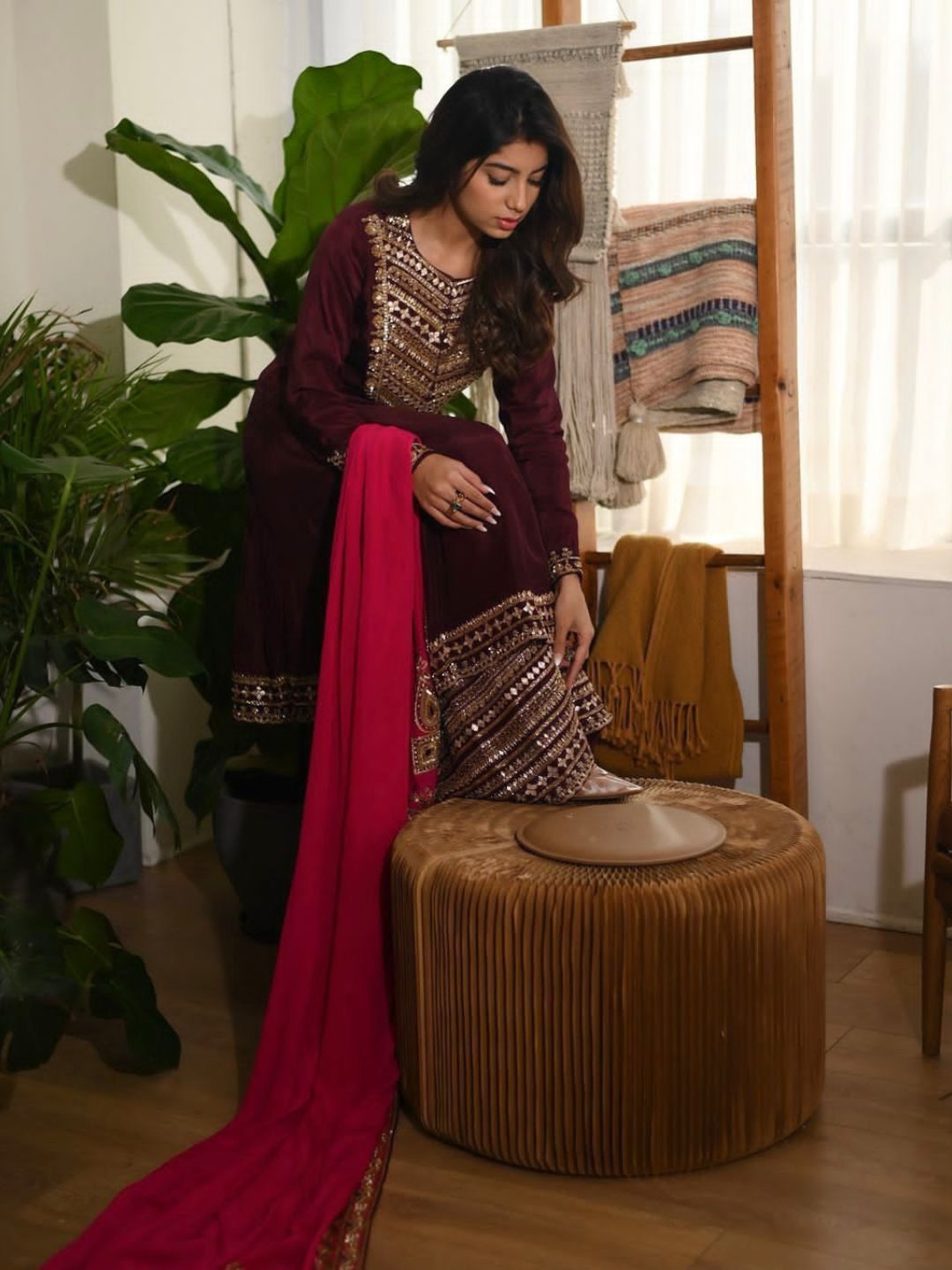 Maroon Embroidered Kurta Set