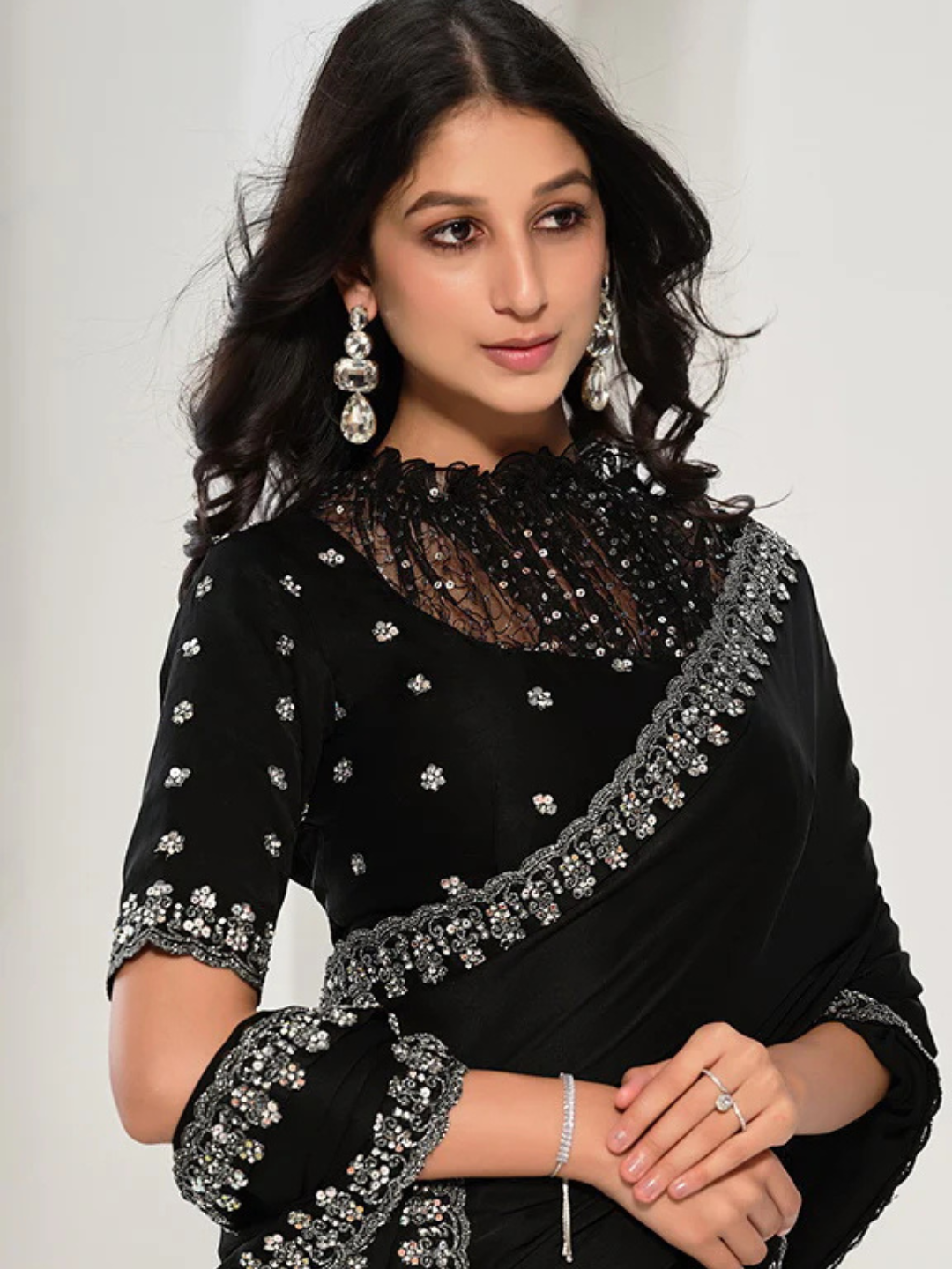 Black Crepe Satin Silk Sarees with Handwork and Sequence Blouses