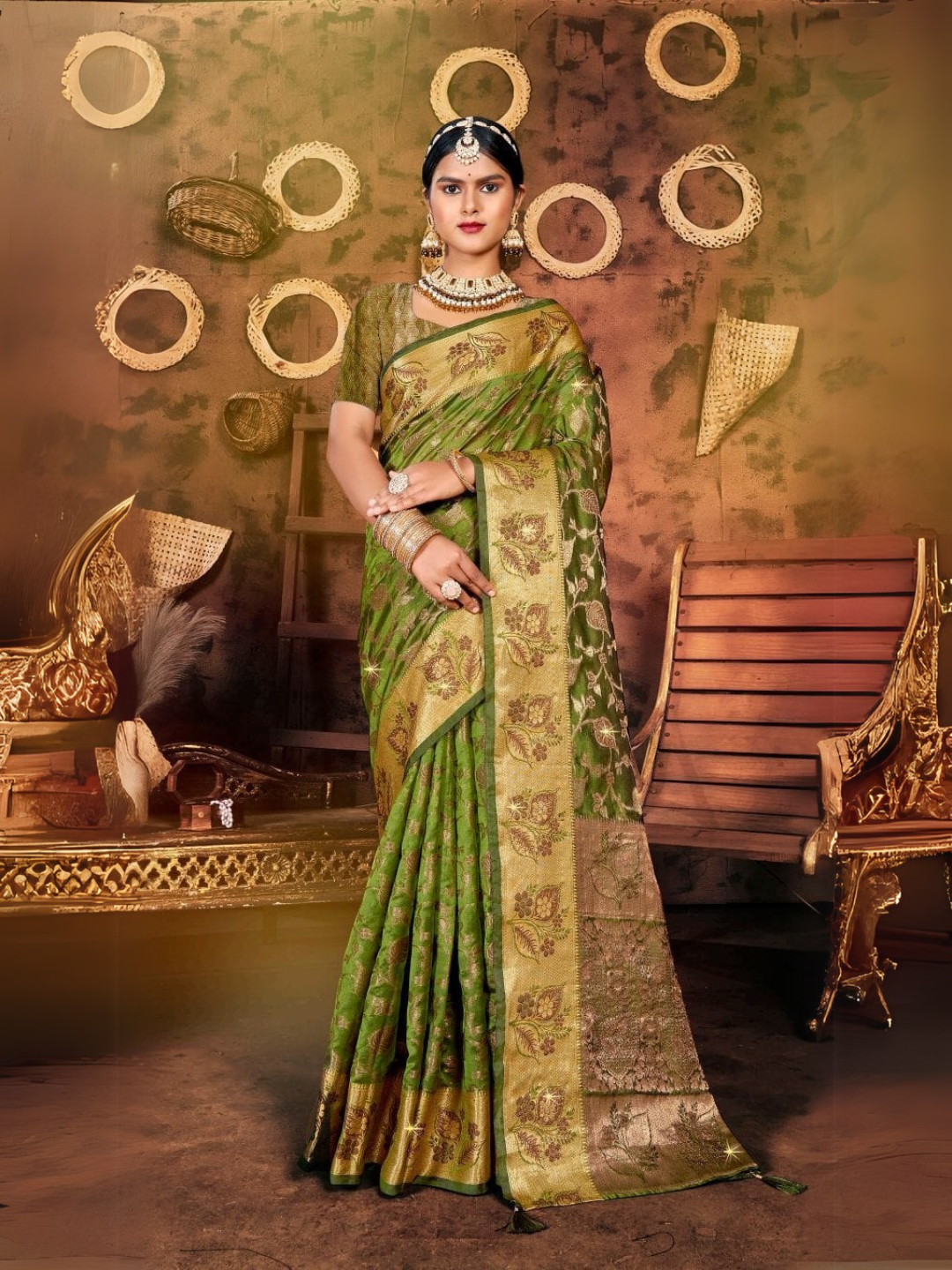 Elegant Organja Swarovski Saree with Samosa Lace Finish