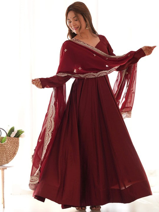 Elegant Maroon Fit and Flare Maxi Dress with Embroidered Silk Dupatta