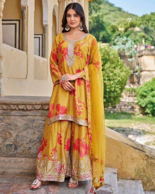 Premium Heavy Chinon Embroidered Sharara with Dul Santoon Lining