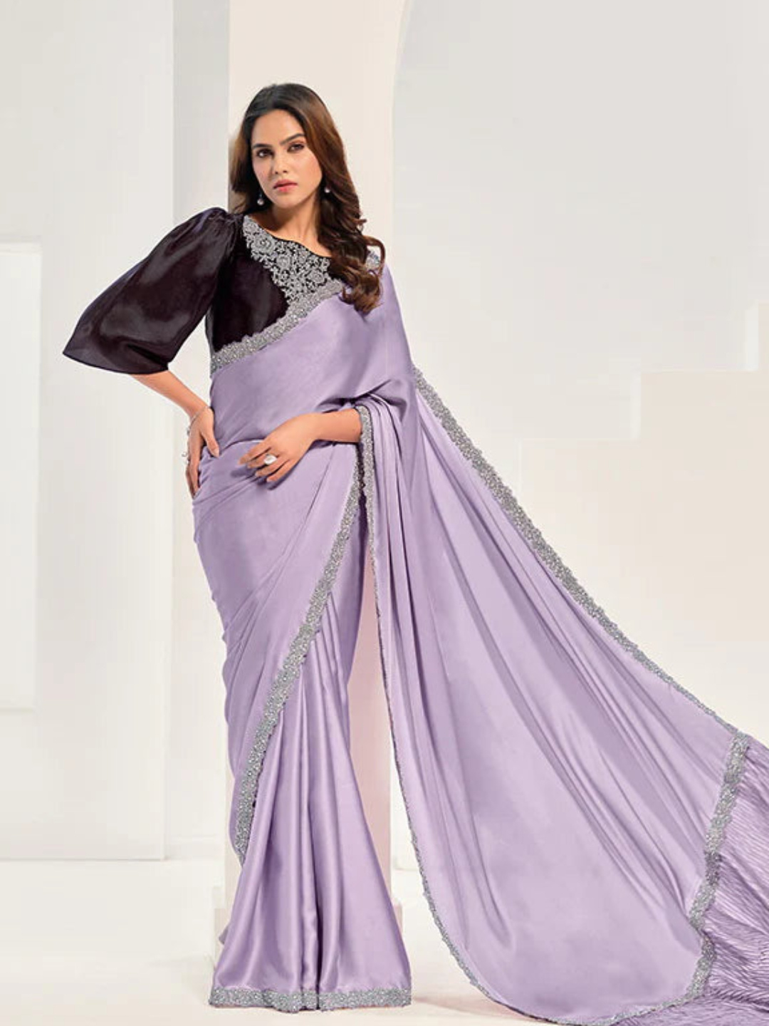 Opulent Lavender Jardosi Embroidered Satin Silk Saree