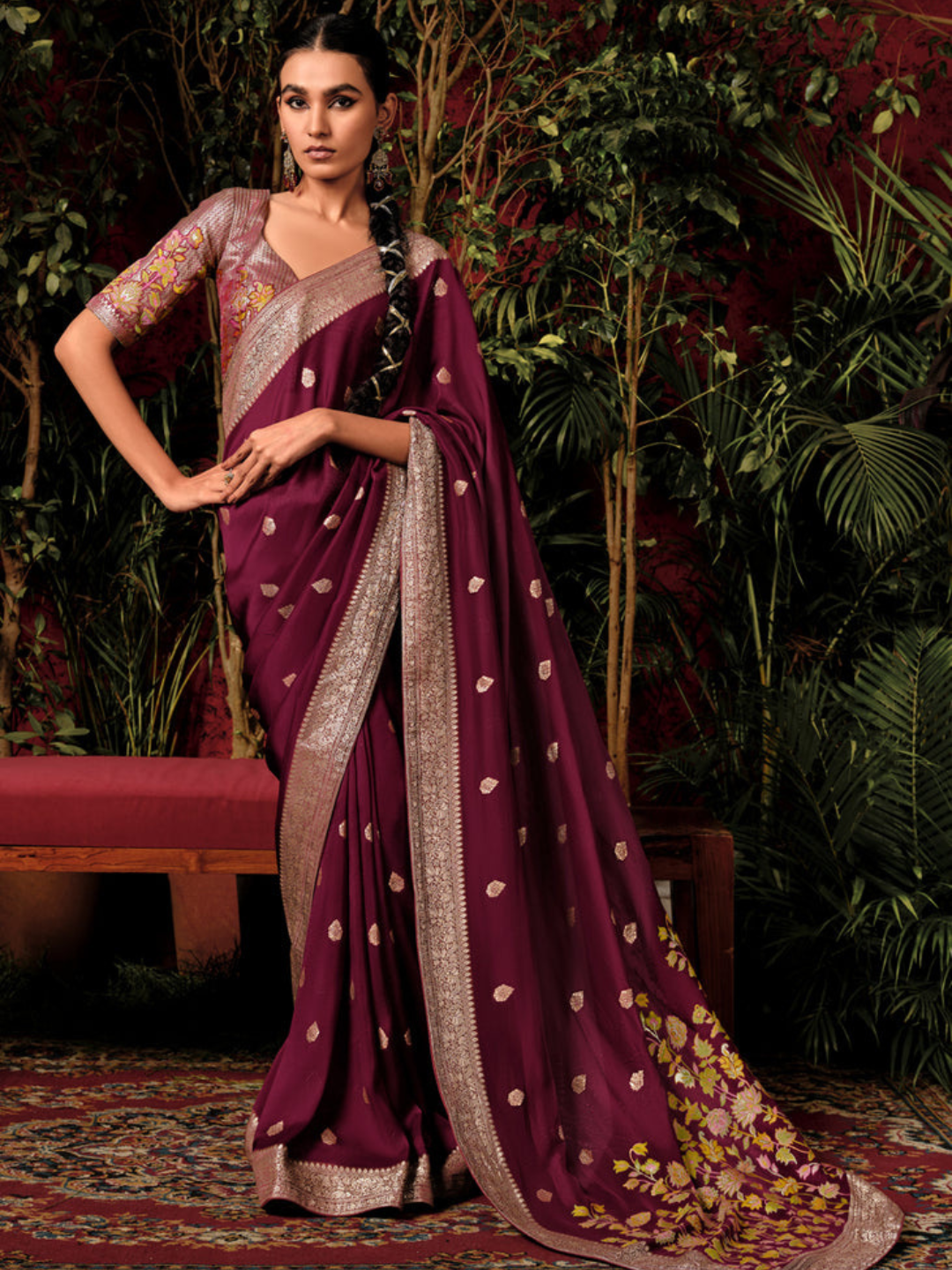 Burgundy Woven Banarasi Silk Desinger Saree With Brocade Blouse