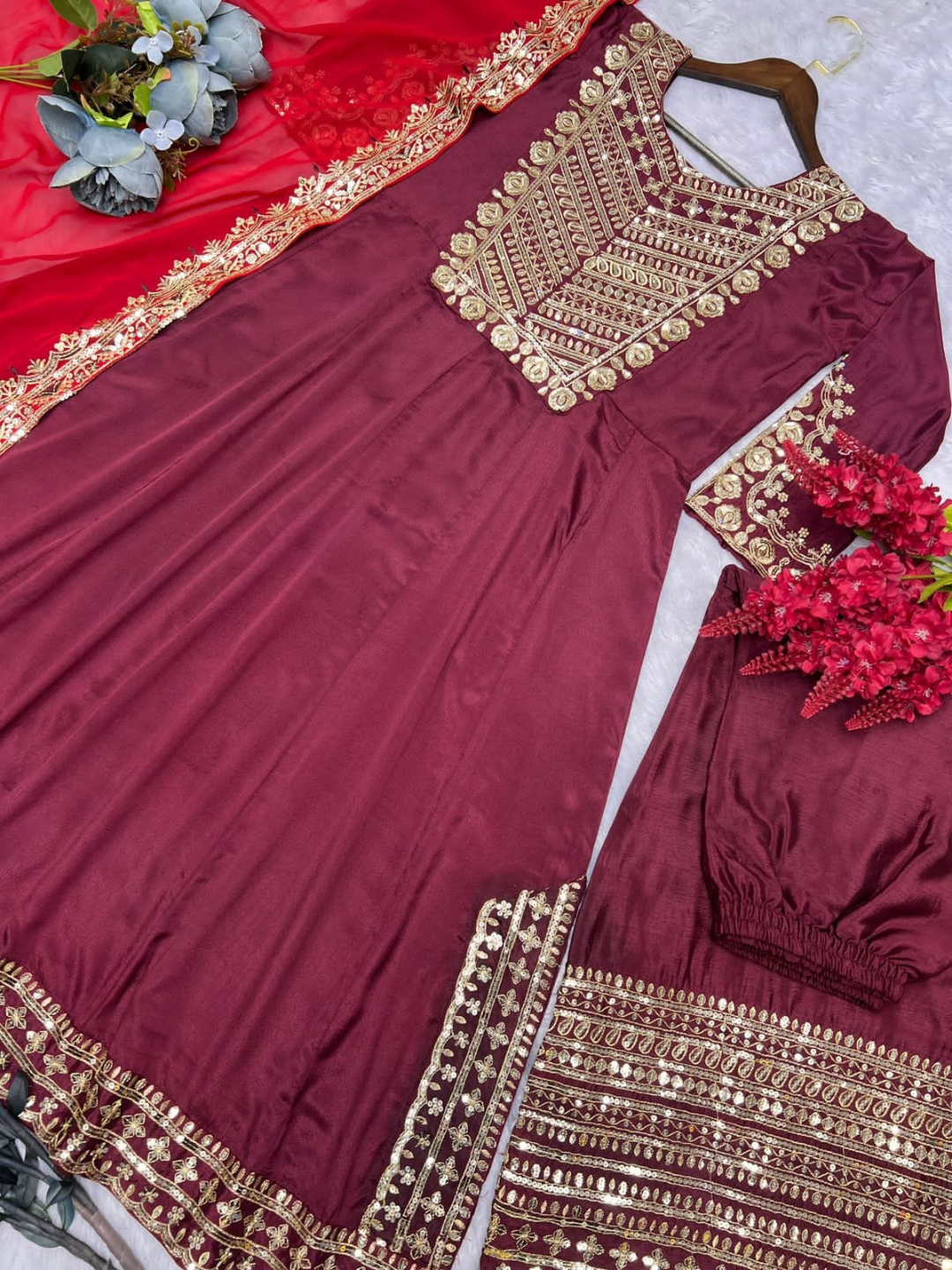 Maroon Embroidered Kurta Set