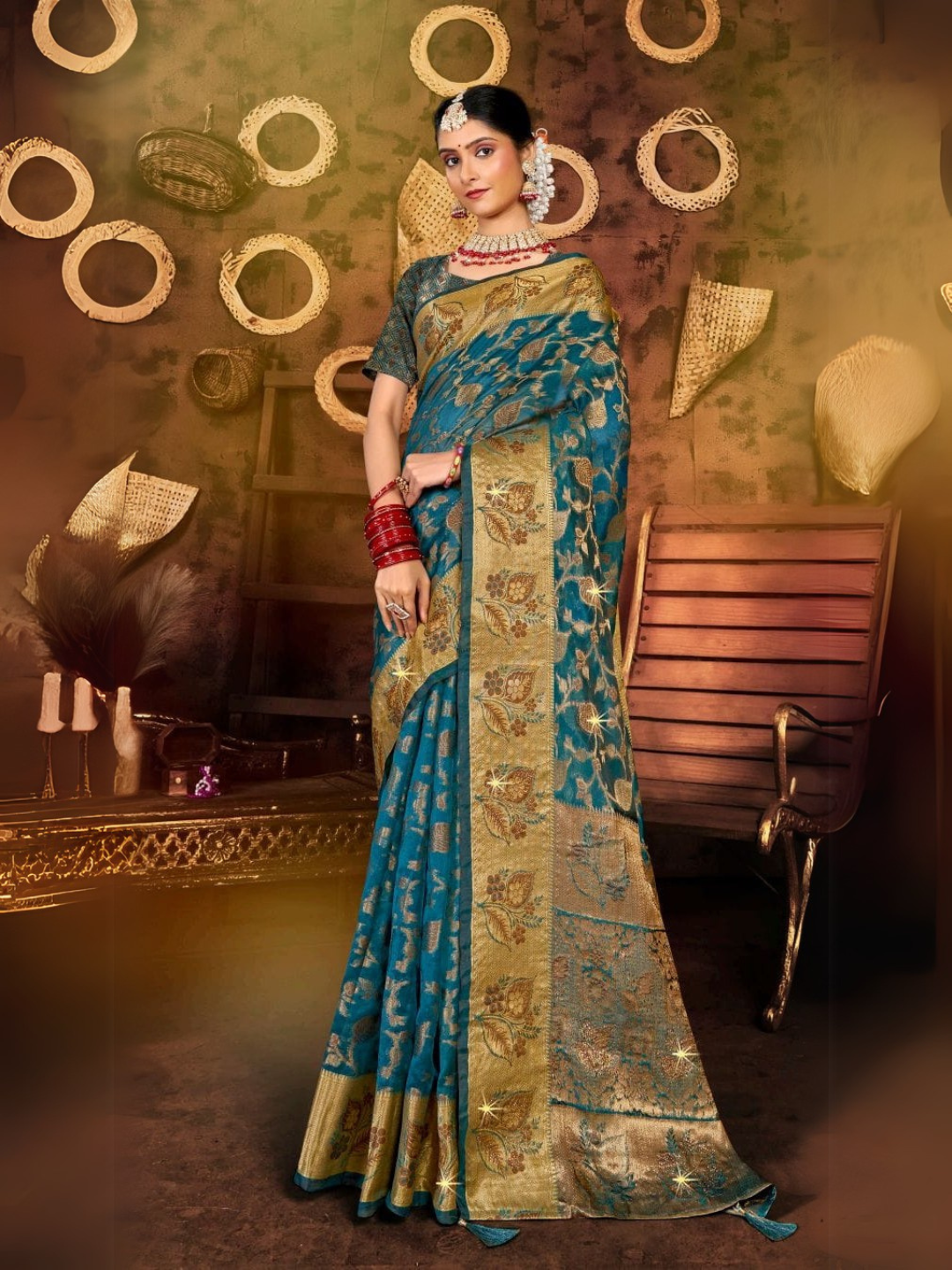 Elegant Organja Swarovski Saree with Samosa Lace Finish