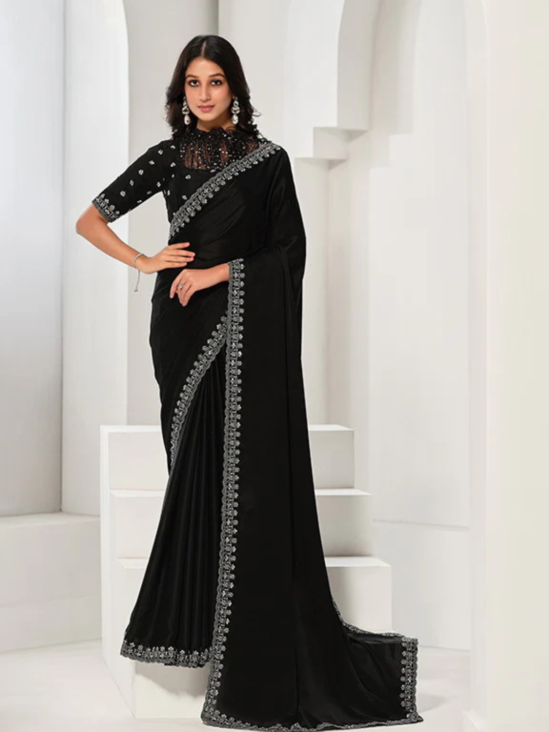 Black Crepe Satin Silk Sarees with Handwork and Sequence Blouses