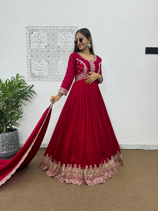 Cherry Red Anarkali Gown With Dupatta and trousers