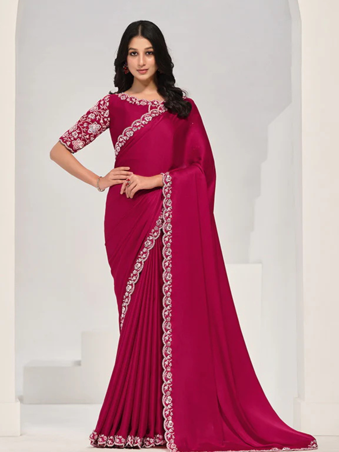 fuchsia Crepe Satin Silk Saree with Sequin Detailing