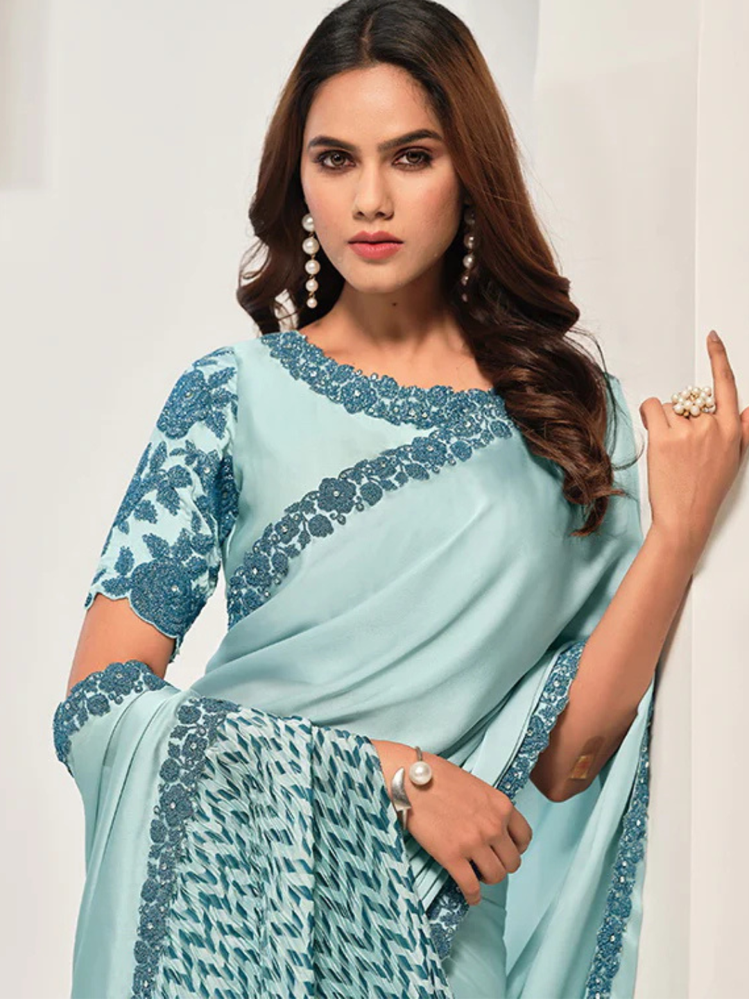 Lustrous Light Blue Crepe Satin Silk Saree