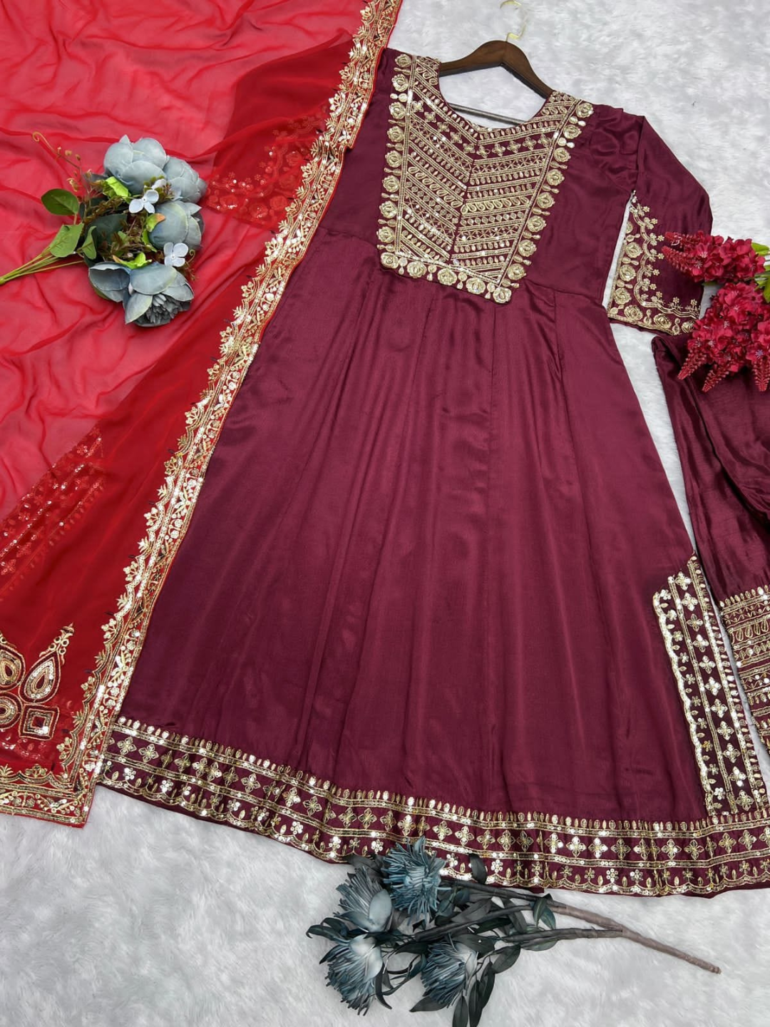 Maroon Embroidered Kurta Set