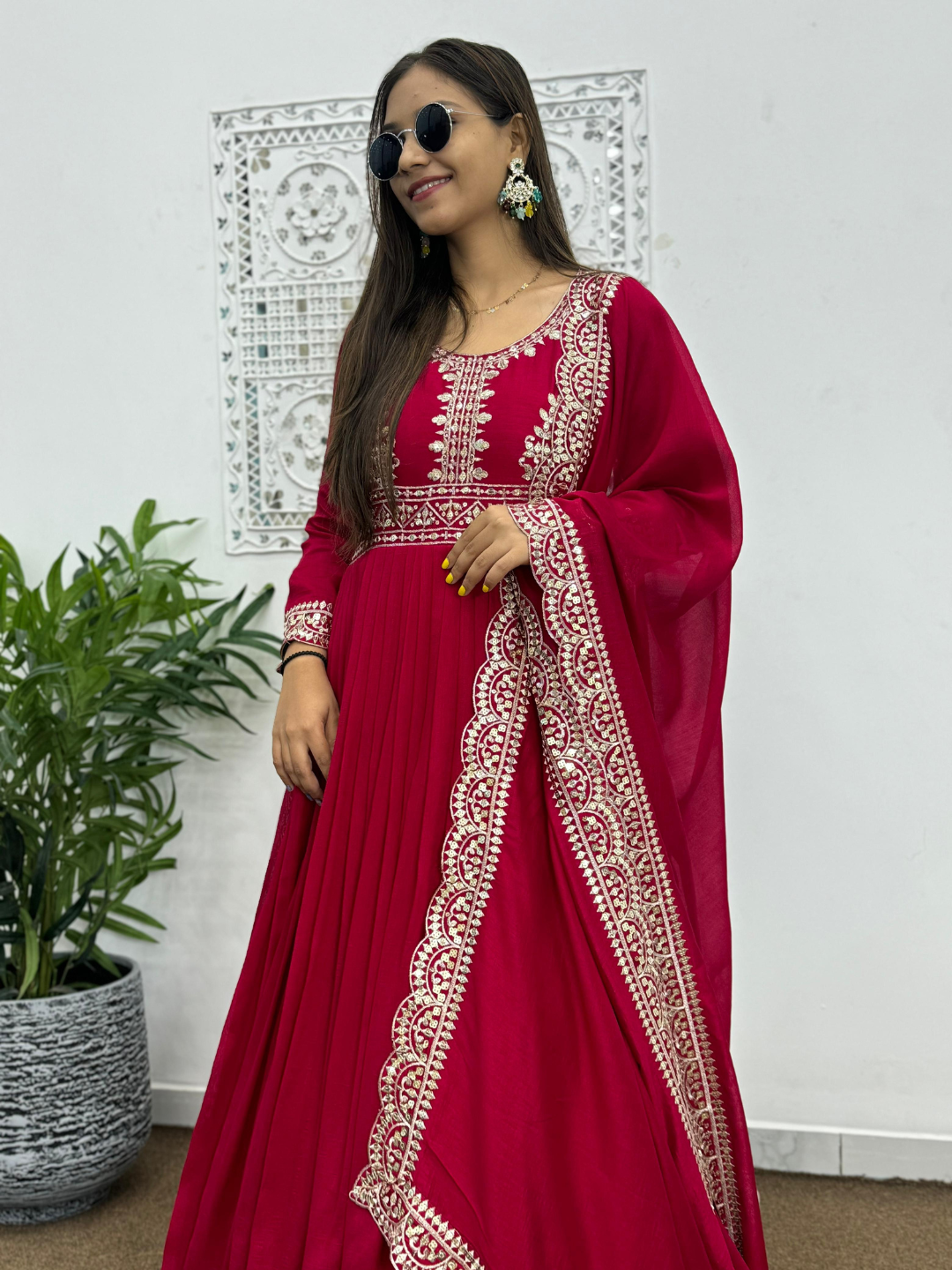 Cherry Red Anarkali Gown With Dupatta and trousers