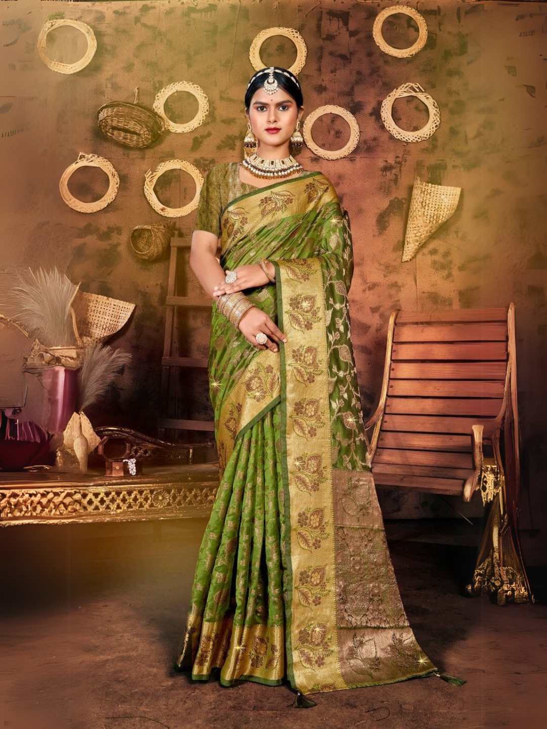 Elegant Organja Swarovski Saree with Samosa Lace Finish