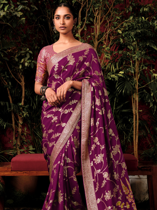 Purple Woven Banarasi Silk Saree With Brocade Blouse