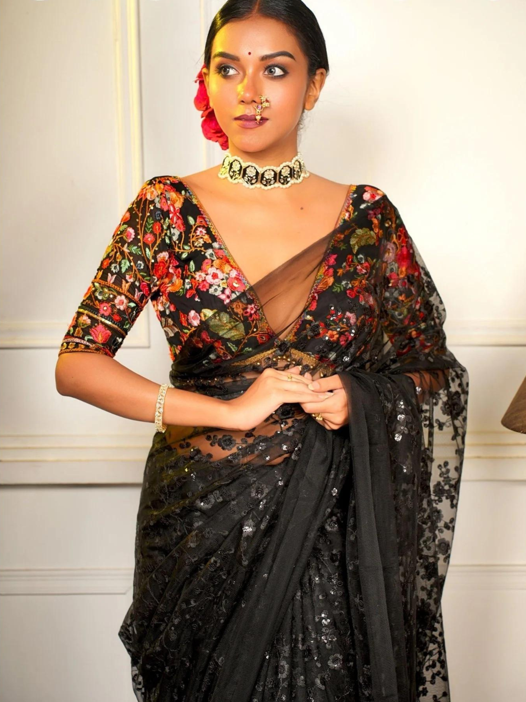 Elegant Black Net Saree with Multi-Coloured Kashmiri Embroidery Blouse - Emira Women's Ethnic Wear