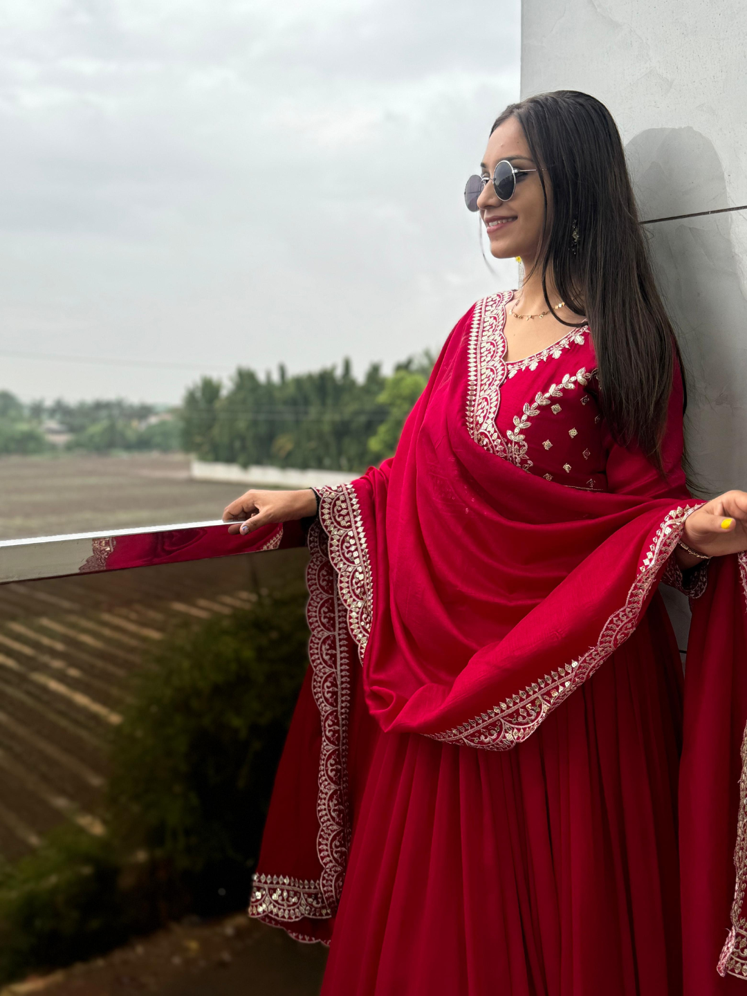 Cherry Red Anarkali Gown With Dupatta and trousers