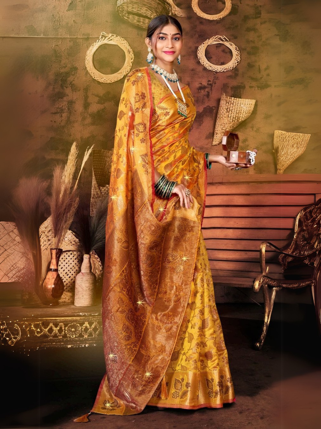 Elegant Organja Swarovski Saree with Samosa Lace Finish