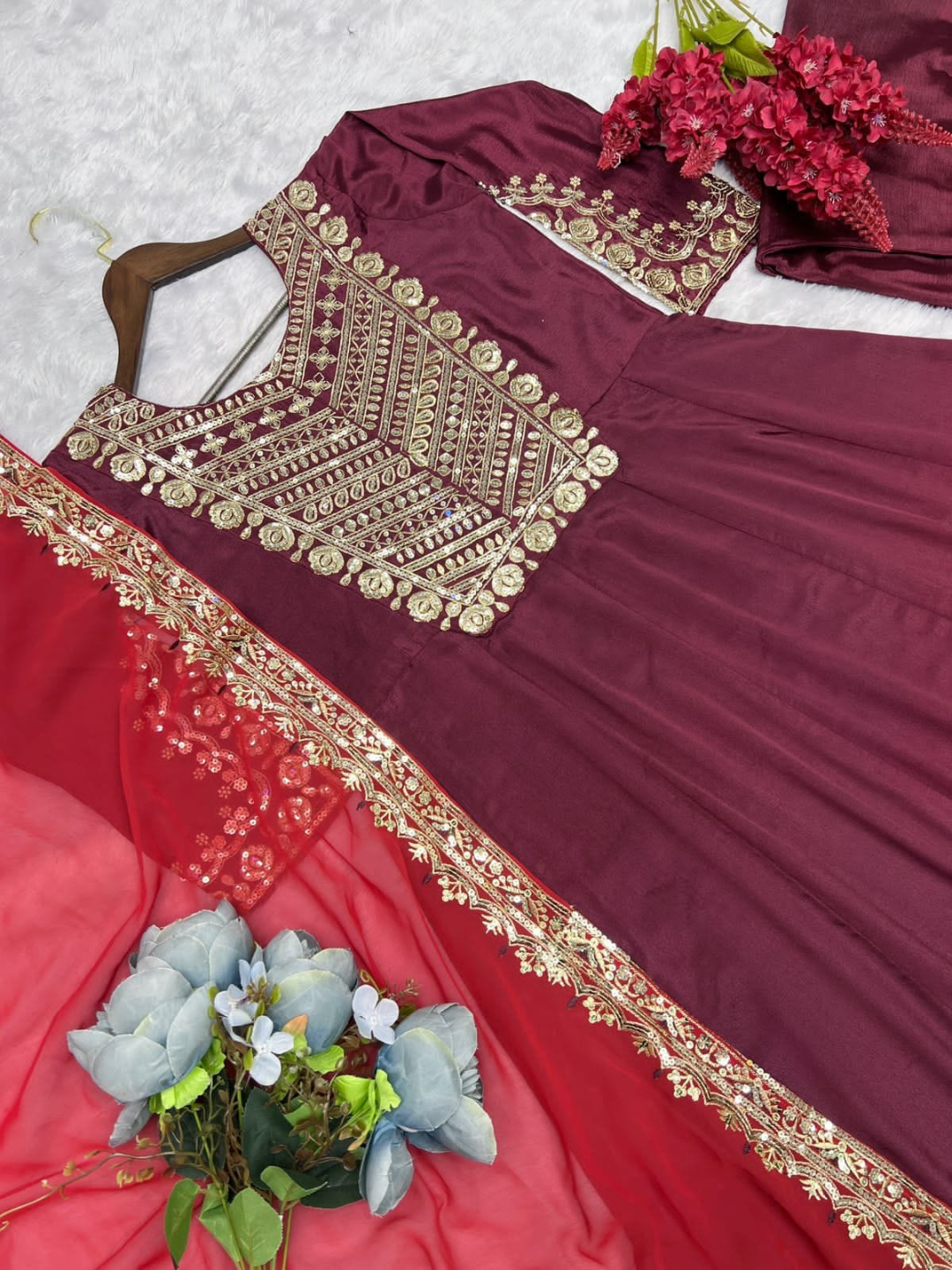 Maroon Embroidered Kurta Set