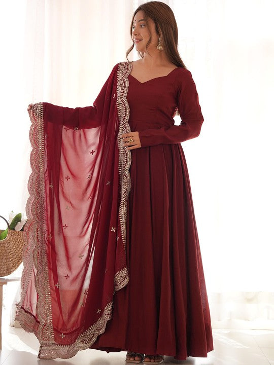 Elegant Maroon Fit and Flare Maxi Dress with Embroidered Silk Dupatta