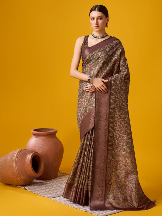 Radiant Aura Printed Brown Cotton Silk Saree