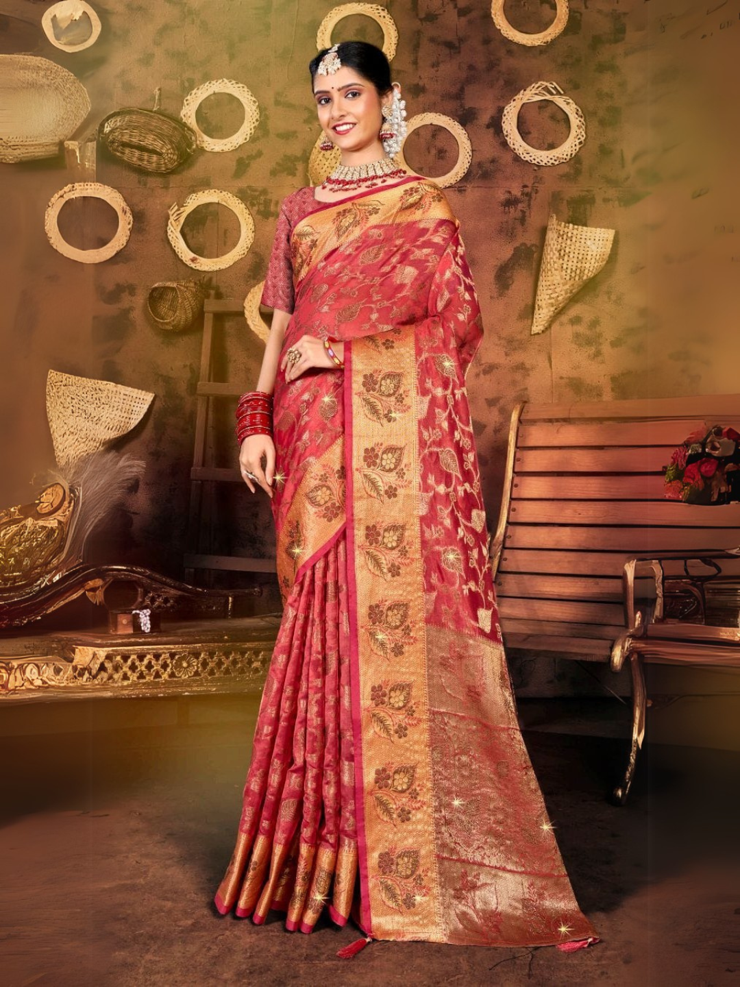 Elegant Organja Swarovski Saree with Samosa Lace Finish