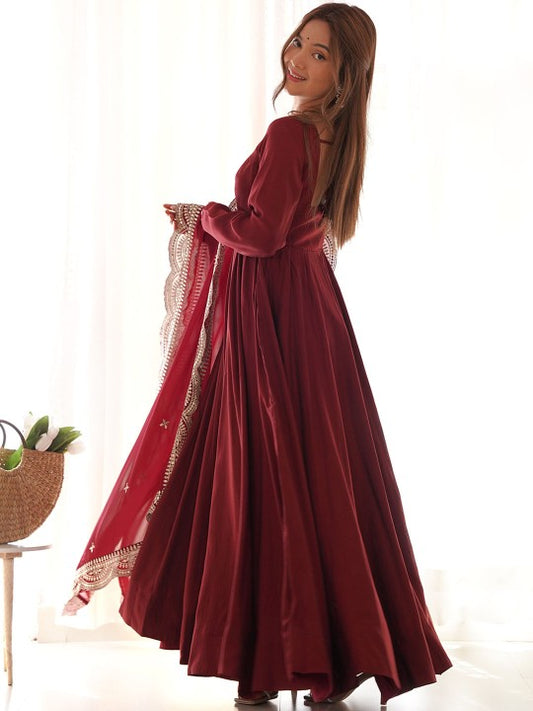 Elegant Maroon Fit and Flare Maxi Dress with Embroidered Silk Dupatta