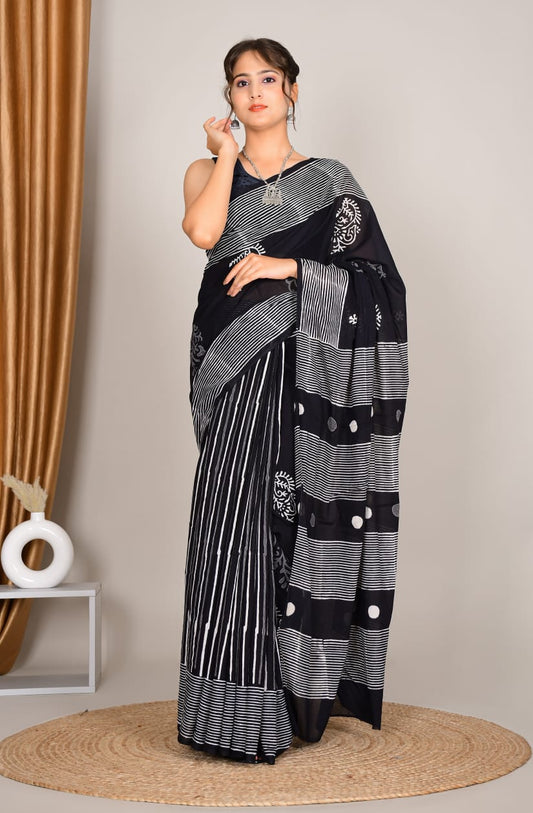 Handblock Printed Pure Cotton Mulmul Saree with Blouse Piece
