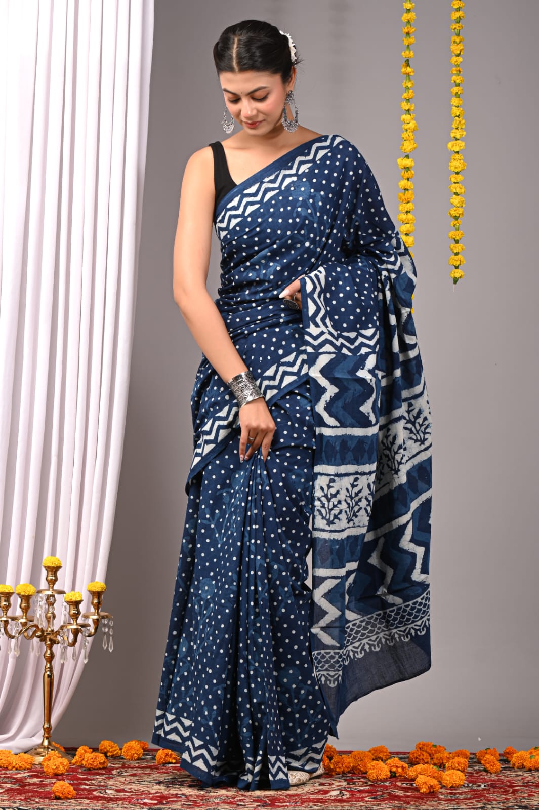 Handblock Printed Pure Cotton Mulmul Saree for Women - Lightweight & Breathable