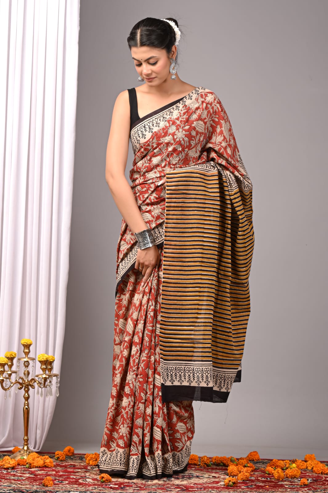 Handblock Printed Pure Cotton Mulmul Saree for Women - Lightweight & Breathable