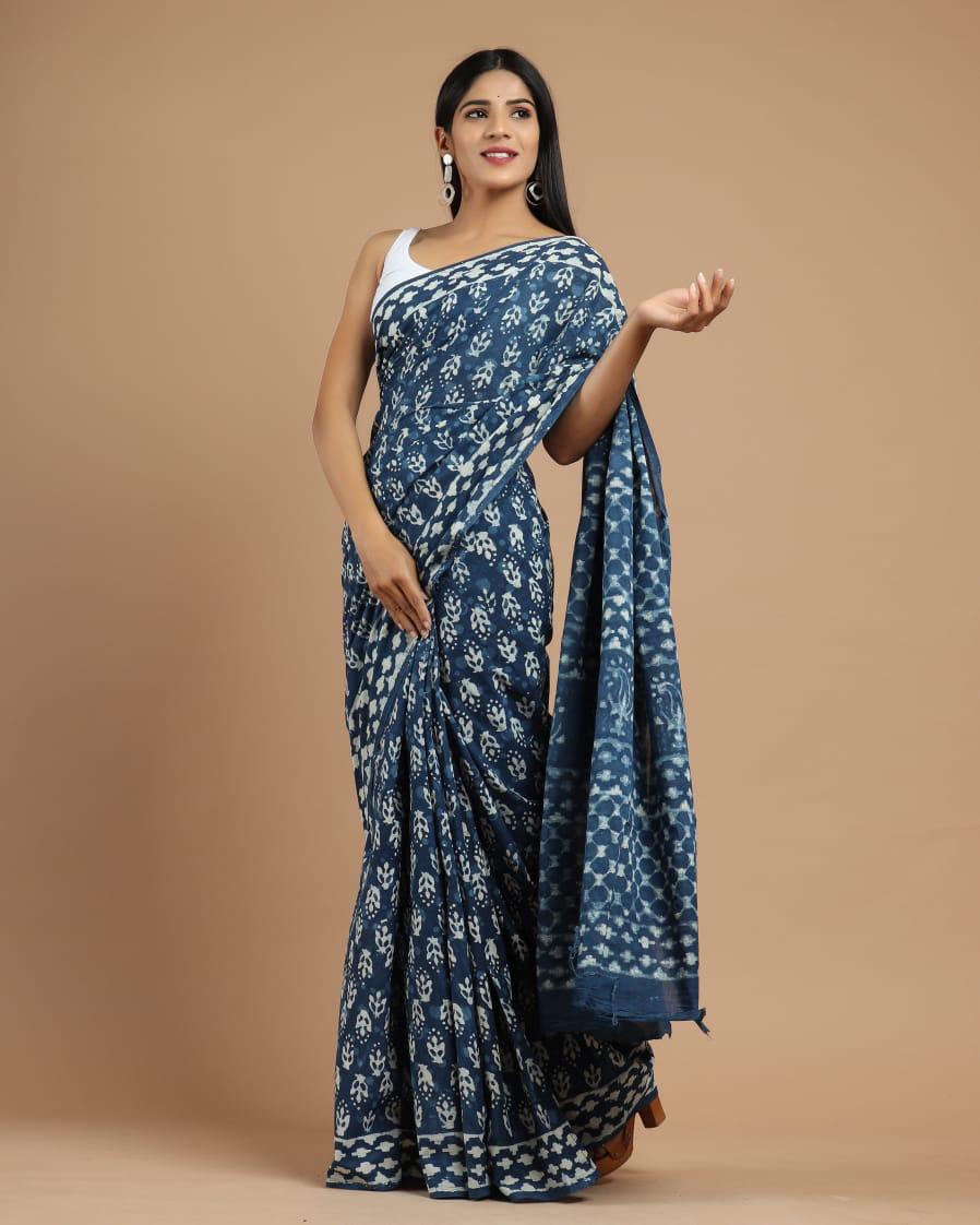 Handblock Printed Pure Cotton Mulmul Saree for Women - Lightweight & Breathable