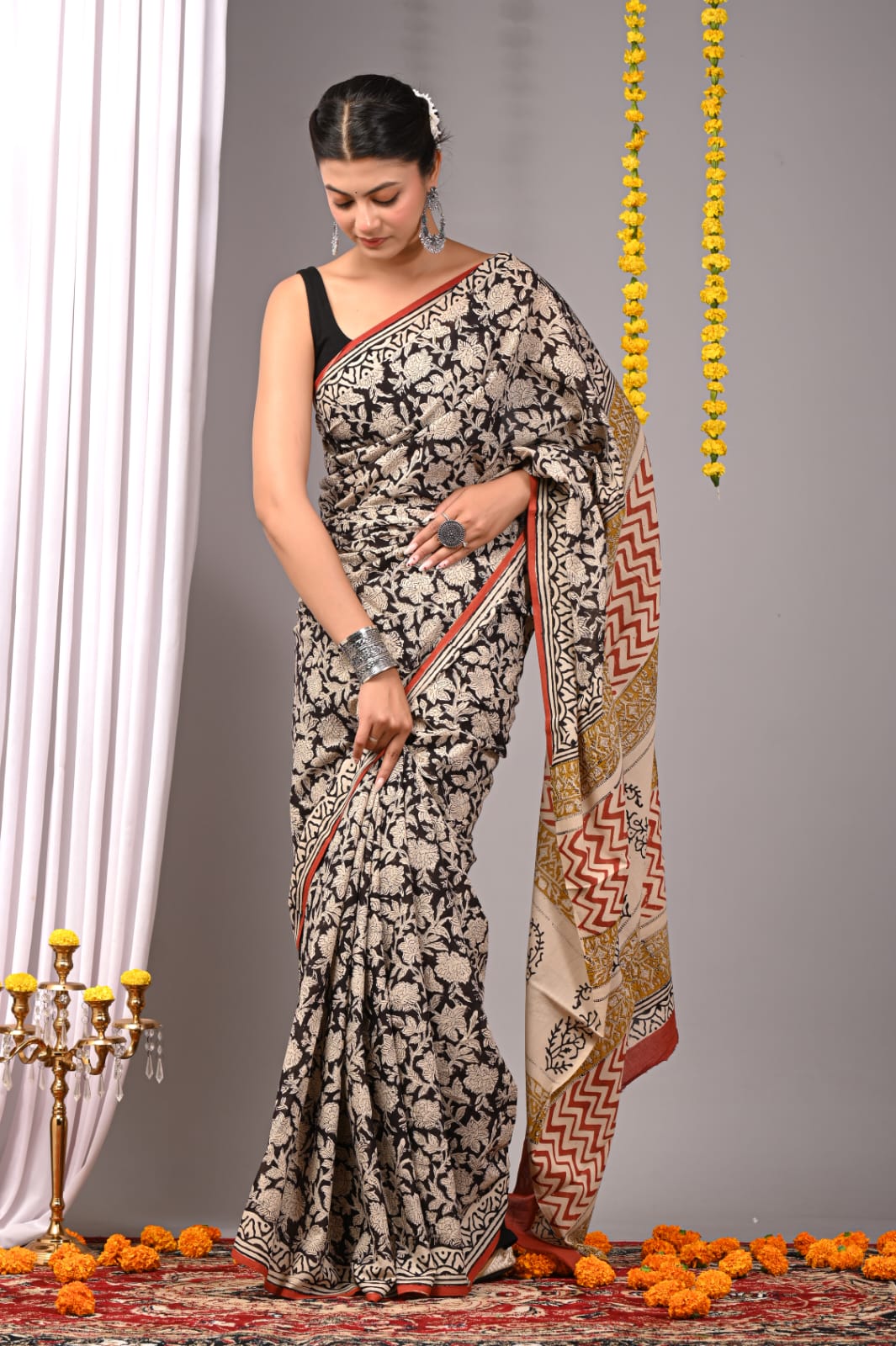 Handblock Printed Pure Cotton Mulmul Saree for Women - Soft & Lightweight