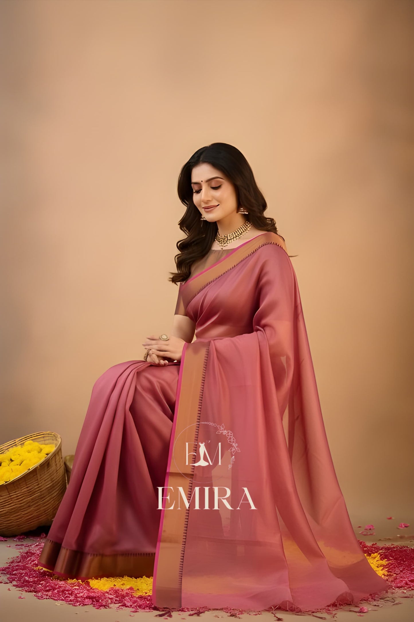 Emira Peach Handloom Style Cotton Tissue Saree