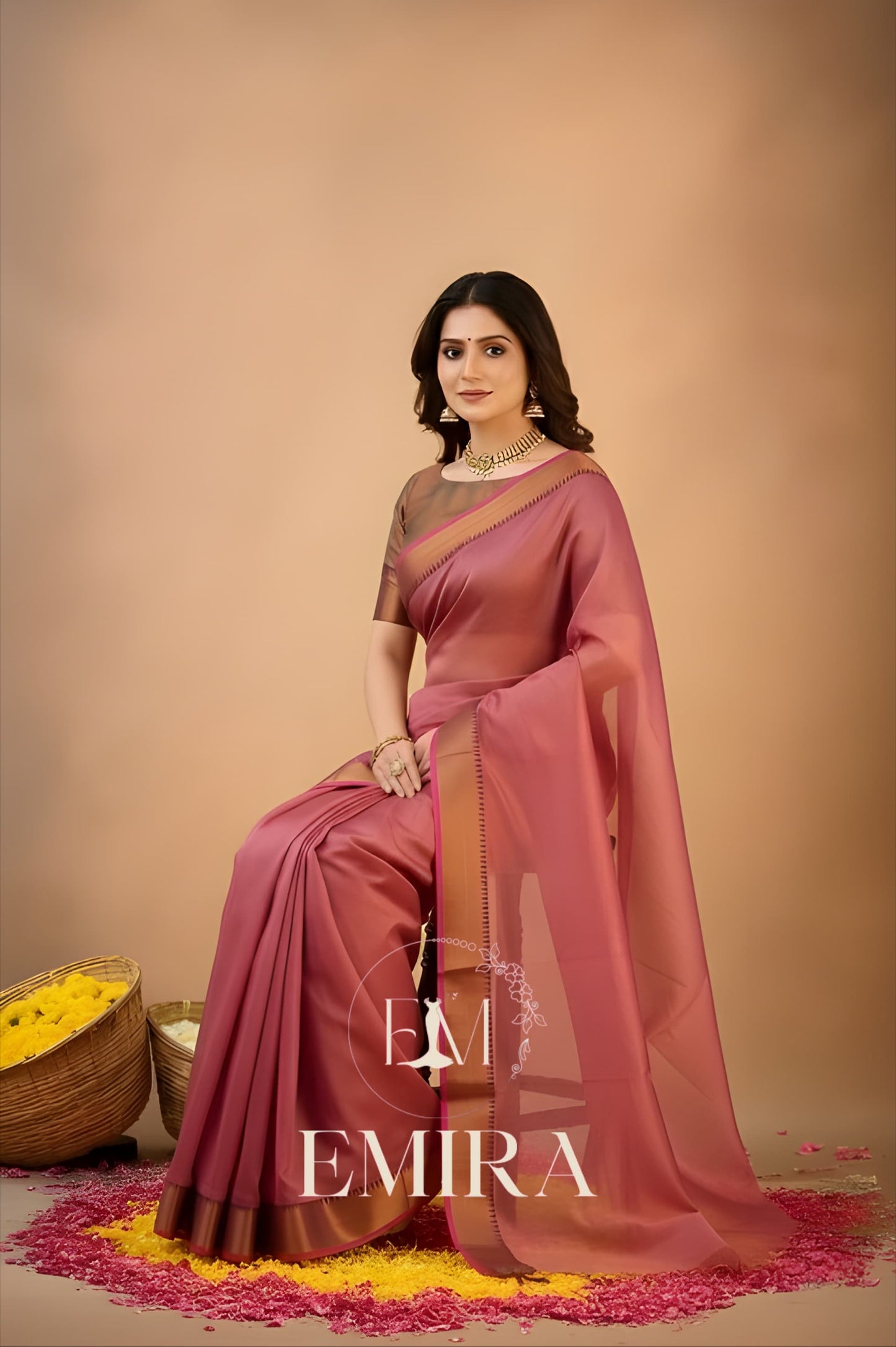 Emira Peach Handloom Style Cotton Tissue Saree