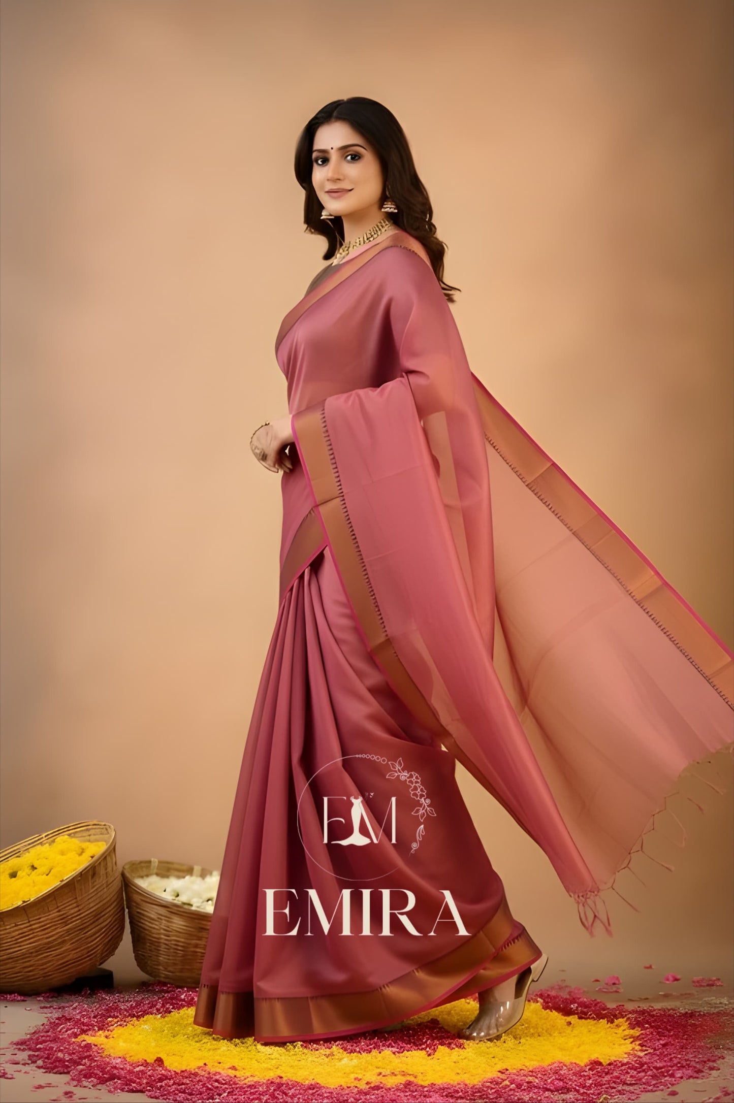 Emira Peach Handloom Style Cotton Tissue Saree